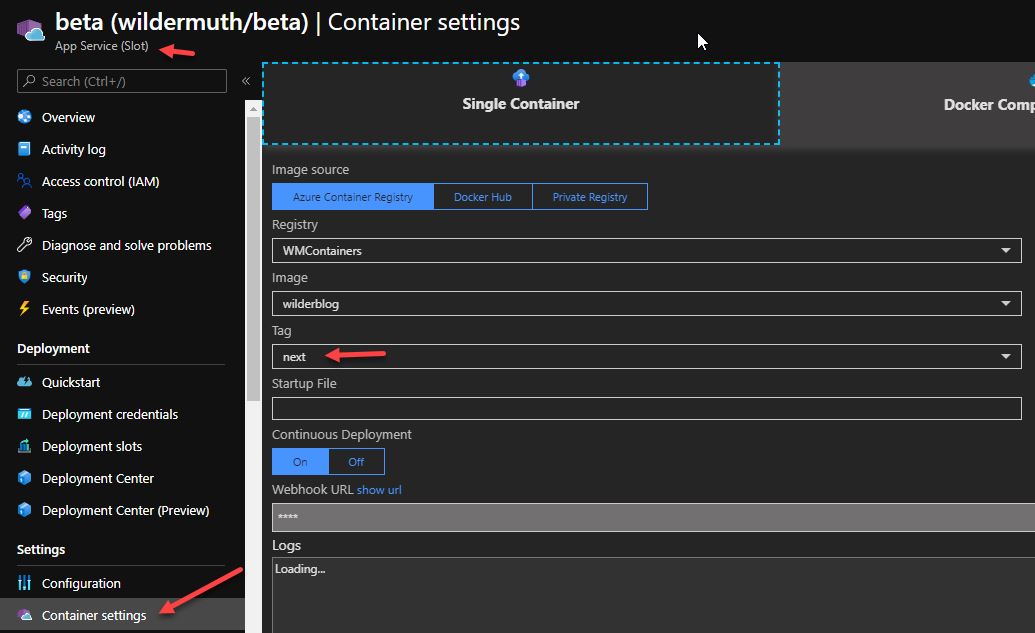 Container settings for new slot